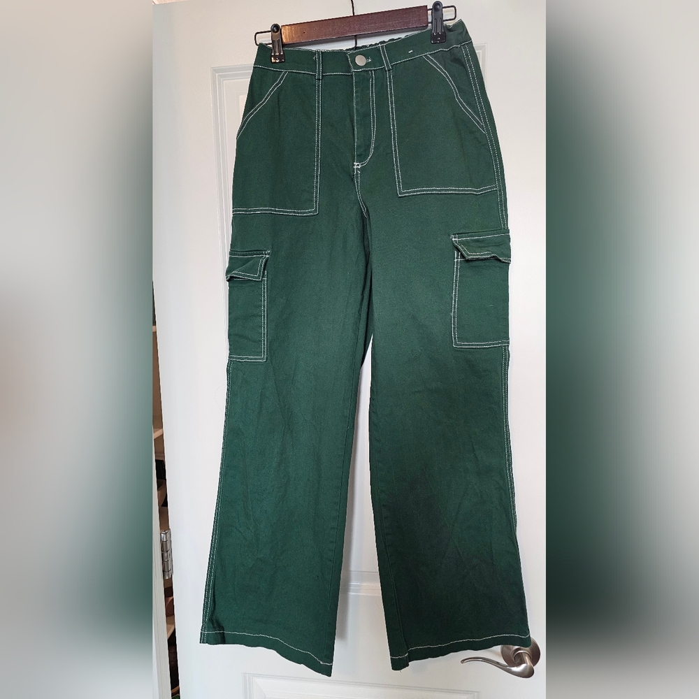 Rachel Paige Green Cargo Pants Size M Wide Leg Contrast Stitch Cotton Stretch - Picture 1 of 5